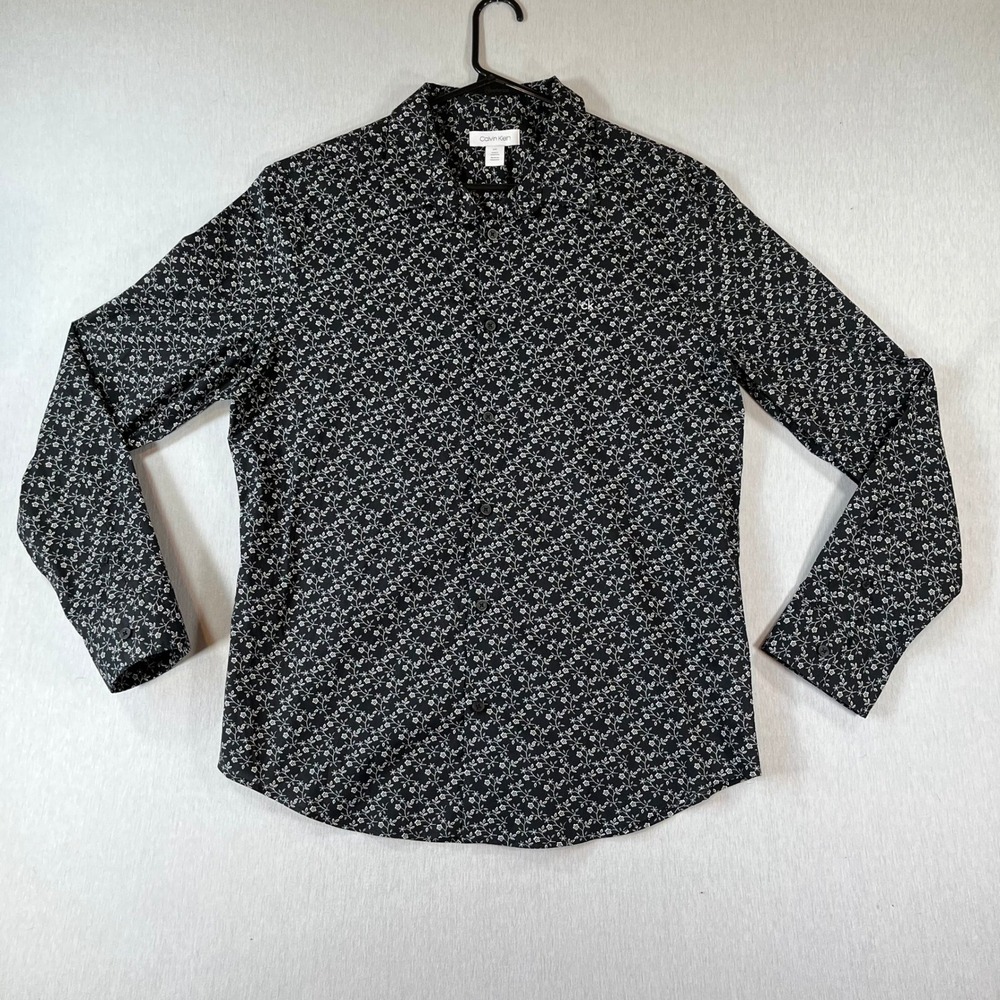 Calvin Klein Shirt Mens Large Black Floral AOP Long Sleeve Button Down